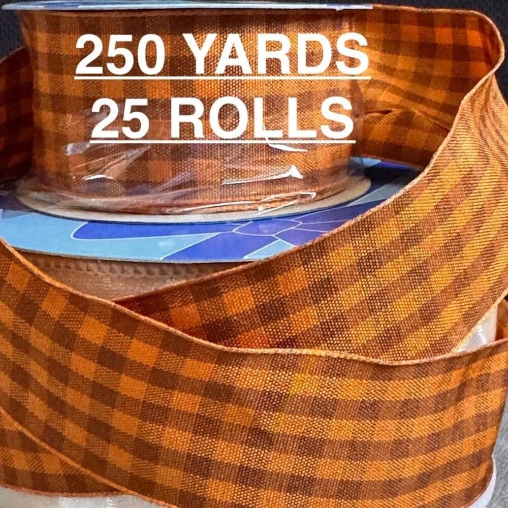 250 Yards Fall Halloween Burnt Orange Gingham Ribbon Natural 1.5' Craft 25 Rolls